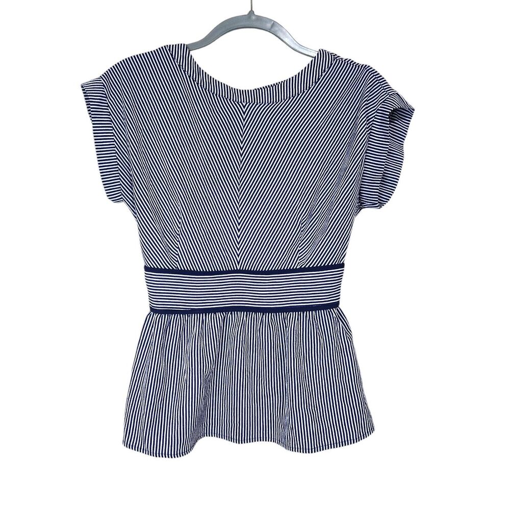 Women’s Monteau Blue White Striped Short Sleeve Shirt Size S Peplum Hem